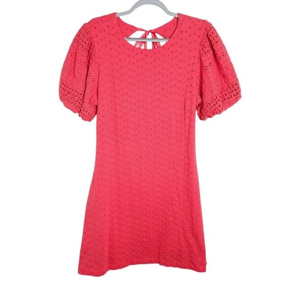 FREE PEOPLE Apricot Rose Mini Dress STRAWBERRY SPRITZ PINK size L Puff Sleeve - Picture 2 of 10